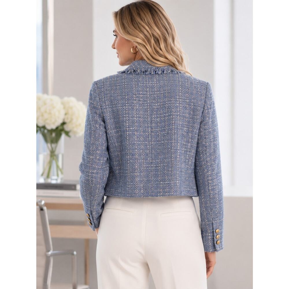 Donna Karan New York Light Blue Tweed Fringed Cropped Blazer Old Money Capsule - Picture 2 of 10